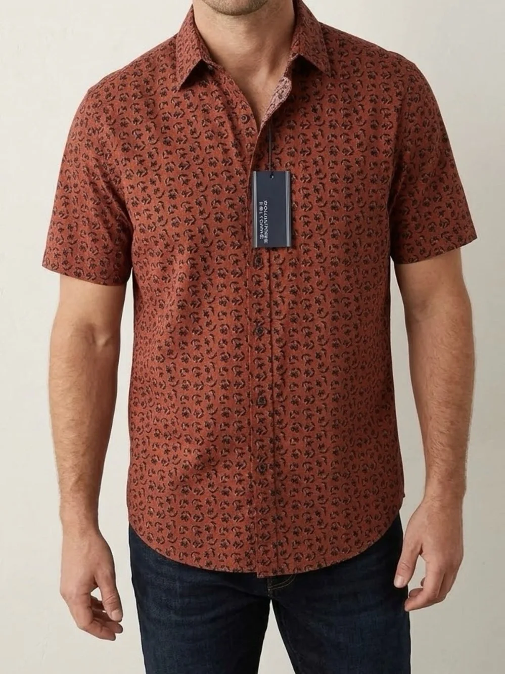 Roundtree & Yorke Rust Short-Sleeve Printed Button-Down Shirt